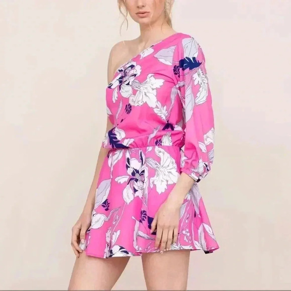 Yumi Kim One Shoulder Pink Floral Mini Dress NWT M - Picture 2 of 11